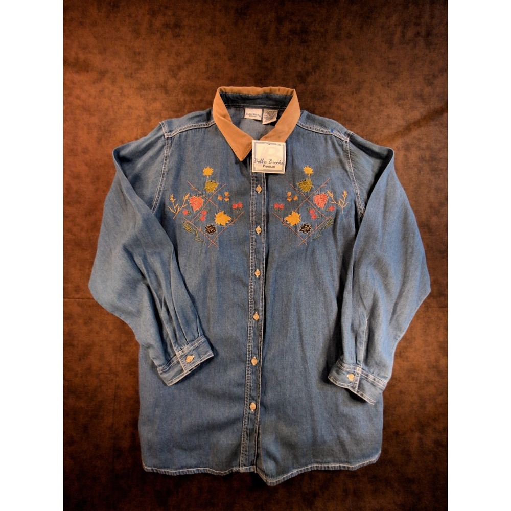 Bobbie Brooks Woman Blue‎ Denim Embroidered Leaf Shirt Plus Size 18W/20W 8507723
